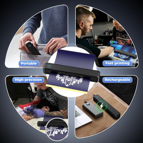 Tattoo Stencil Printer Machine Bluetooth, Portable Thermal Temporary Tattoo Printer with 15pcs Transfer Paper, Compatible with Phone/Tablet/PC, Tattoo Supplies Assist Kit for Beginners (Black)