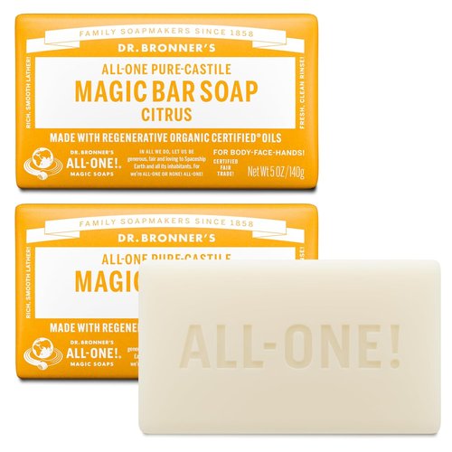 Dr. Bronner's Pure-Castile Soap Bars - Vegan & Organic - Citrus Scent - 5 oz, 2 Pack for Face, Body & Hair