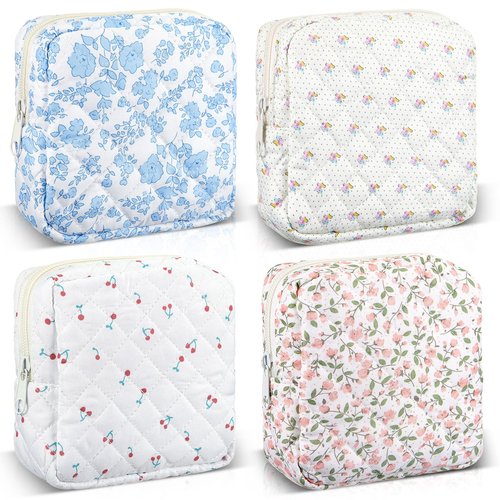 Abbylike 4 Pcs Floral Makeup Bag Cosmetic Bag with Zipper Portable Small Pouches for Purse Toiletry Mini Pouch Cute Mini Makeup Purse for Coin Essentials Items Women (Cute)