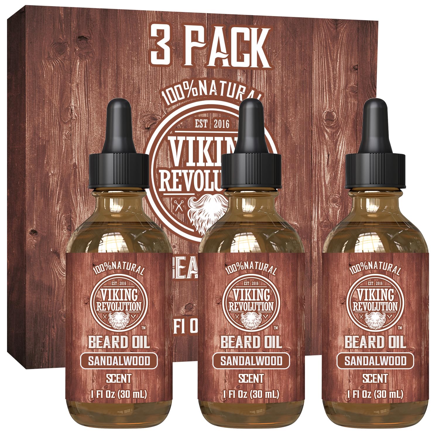 Viking Revolution Sandalwood Beard Oil for Men - Natural Mens Beard Oil with Argan Oil and Jojoba Oil - Beard Softener, Strengthens and Moisturizes - Beard Conditioner for Men (Sandalwood, 3 Pack)