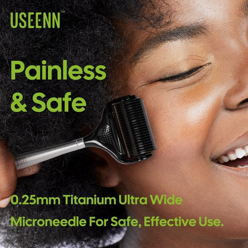 USEENN Ultra Wide Titanium Derma Roller for Face Hair Beard Scalp Skin Body Metal Handle 1200 Microneedling roller for Women and Men 0.25mm