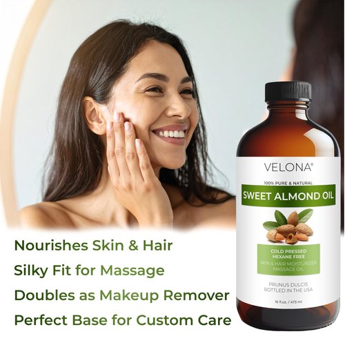 velona Sweet Almond Oil - 16 Fl Oz in Glass Bottle | 100% Pure and Natural Carrier Oil |Cold Pressed | Skin, Hair, Body & Face Moisturizing | Use Today - Enjoy Results…
