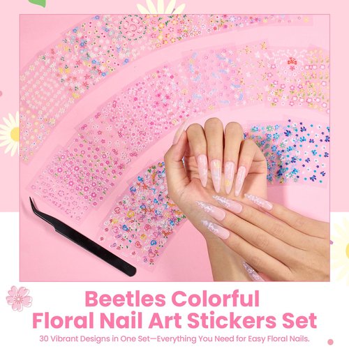 Beetles Nail Art Stickers 30 Sheets 3D Flower Nail Stickers Heart Nails Design Supplies DIY Decals for Decoration Nails Art for Women Girls