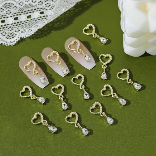 BJRSPGLS 40Pcs Heart Dangle Nail Charms Nail Rhinestones and Gems,Silver Gold Nail Jewels Charms Diamonds Stones for Nail Art,Valentines Love Star Dangling Nail Jewelry for Nails Design Variety