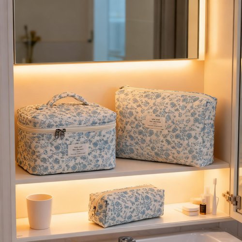 PGAXM 3PCS Makeup Bag,Quilted Cosmetic Bag,Large Floral Makeup Bag for Women,Cute Cotton Cosmetic Bag Set,Travel Toiletry Bag For Women(White blue)