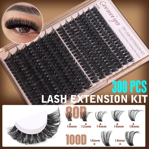 Geeneiya Volume Lash Clusters Kit DIY Lash Extension Kit D Curl Eyelash Extensions with Waterproof Lash Bond and Seal Waterproof Tweezers,10-16MM Cluster Lashes 300Pcs