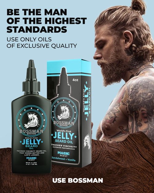 Bossman Jelly Beard Oil for Men & Beard Balm for Men Combo - Softens, Tames Moisturizes & Conditions - Magic Scent - Natural Ingredients & Made in USA