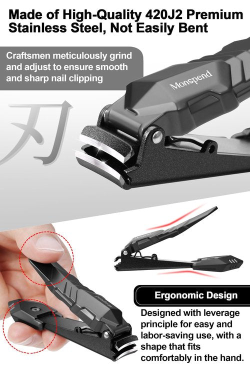 Monspend Nail Clippers with Catcher – No Splash Nail Cutters Fingernail and toenail Clippers for Thick Nail， Stainless Steel Fingernail Cutter for Men Women，Custom Flannelette Bag Storage