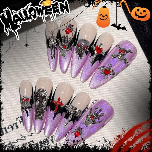 Halloween Nail Charms and Gems, Mixed Cross Spider Skull Hands Tombstone Dark Ghost Alloy Punk Halloween Charms for Nails, Black Red Gems Rhinestones for Acrylic Nail Art DIY Supplies