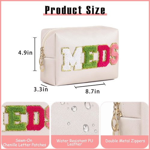 RSRSLEII Cute Chenille Letter Patch Medicine Makeup Bag, PU Leather Waterproof MEDS Cosmetic Bag with Zipper, Travel Toiletry MEDS Pouch, Daily Use Portable Organizer Makeup Bag (01Beige Bag)