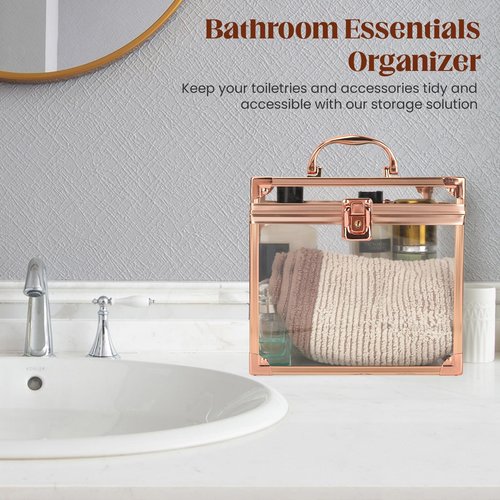 Donghome Crown Box 7.9 x 6.7 x 7.5inch, Clear Makeup Case,Cosmetic Organizer, Large Capacity Transparent Acrylic Artists Display Case for Vanity,Bathroom Counter or Dresser (Rose Gold)