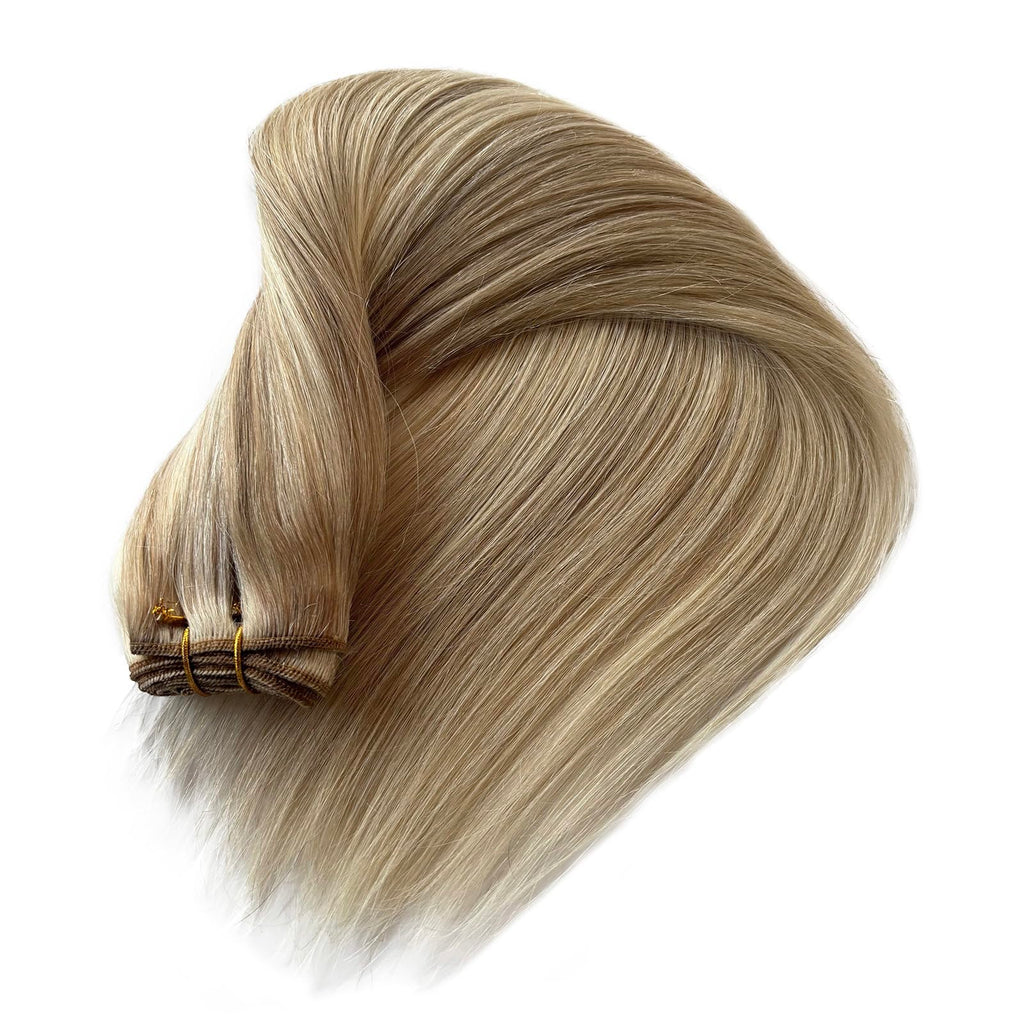 Weft Hair Extensions Sew in Real Human Hair Bundle Ash Blonde and Platinum Human Hair Extensions Hand Tied 12 Inch 80G Soft Straight Sew in Bundles Mixed with Blonde Highlights for Length/Volume