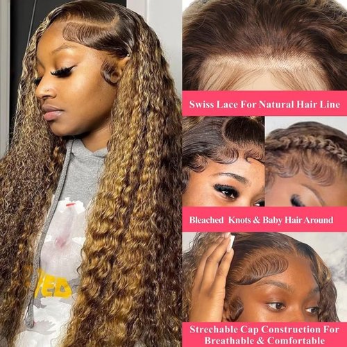 Labamiya Highlight Deep Wave Human Hair Wig 4x1 T Closure Glueless Wigs Human Hair Pre Plucked Pre Cut Lace Closure Glueless Wigs Elastic Band 200% Density P4/30 Honey Blonde Color
