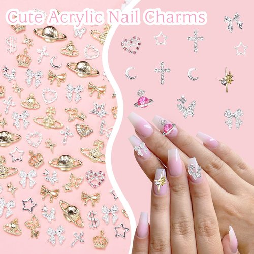 154 Pcs Alloy Star Cross Nail Gems Charms, Silver Gold Bow Crown Butterfly Cross Bow Nail Charms 3D Cherry Planet Heart Nail Jewelry Charms, Nail Rhinestones Gems Charms for Nail Art DIY Decoration