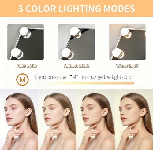 Honwang Lighted Vanity Mirror with 9 LED Lights, Detachable 10x Magnifying Mirror, 3-Color dimmable Hollywood Makeup Mirror, Smart Touch Control, Metal Frame, 360-degree Rotation, White/Black (White)