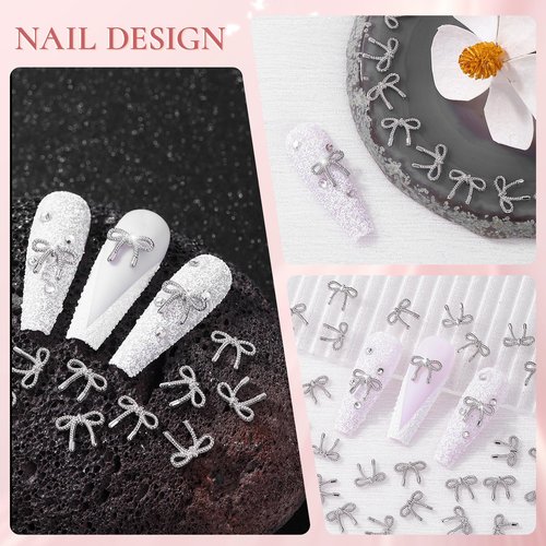 QPRETTY DU 3D Bow Nail Charms 100PCS Silver Metal Butterfly Nail and Gems Shiny Nails Art Decoration Supplies Accessories for Acrylic Nails DIY