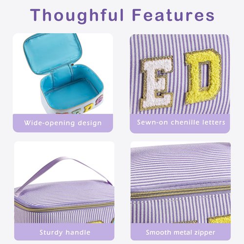 uekeboag Personalized Chenille Letter Seersucker MEDS Makeup Bag,Large Size Medicine RX Cosmetic Bag with Top Handle, First Aid Travel Organizer Bag for Women Girls(03Purple)
