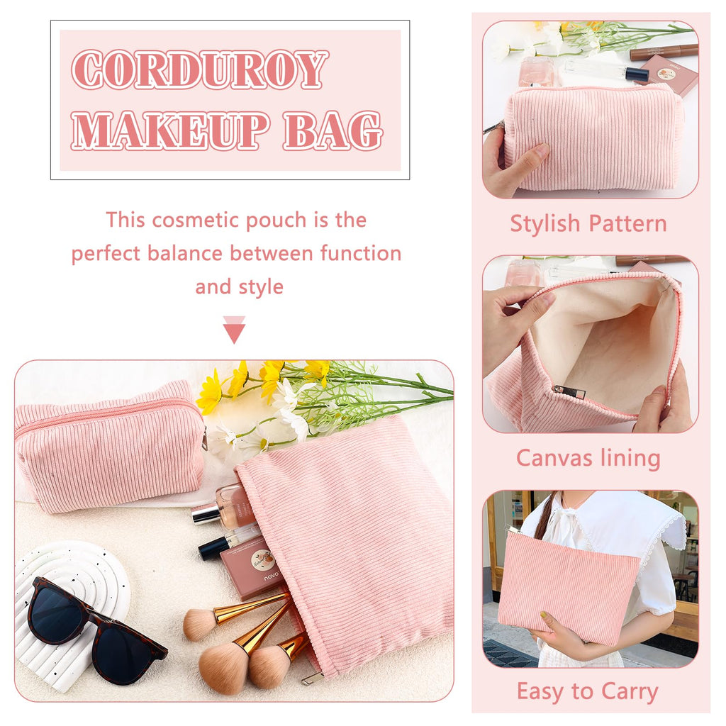 ZLFSRQ 2Pcs Corduroy Makeup Bag Cute Travel Cosmetic Bag Set for Women Large Small Corduroy Zipper Makeup Pouch for Purse Cosmetic Pouch Aesthetic Portable Skincare Toiletry Bags Organizer (Pale Pink)