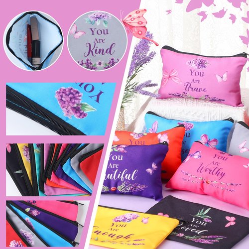 Shinylin 10 Pcs Inspirational Gifts Bulk for Women Mother's Day Canvas Makeup Bags with Zipper for Women ''you Are'' Inspirational Purple Butterfly Toiletry Cosmetic Pouches for Women's Party Favors
