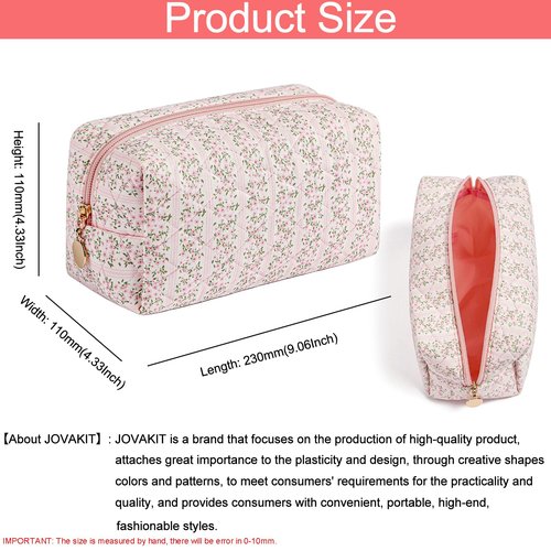 JOVAKIT 2Pcs Makeup Bag Quilted Cosmetic Bag for Women Girls, Floral Coquette Cotton Toiletry Zipper Make Up Pouch, Travel Storage Organizer Pouch (Pink Floral)