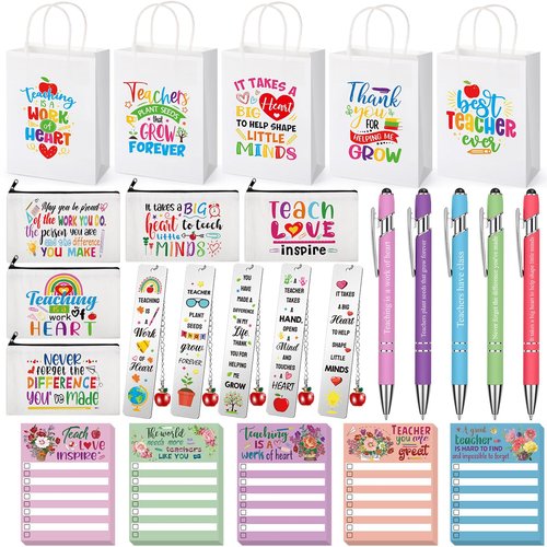 Resholder 25 Pcs Teachers Appreciation Gift for Women Teacher Kraft Paper Bags Makeup Bags Sticky Notes Ballpoint Pens and Bookmarks Graduation Gifts for Tutor Appreciation Week Gift Sets Bulk