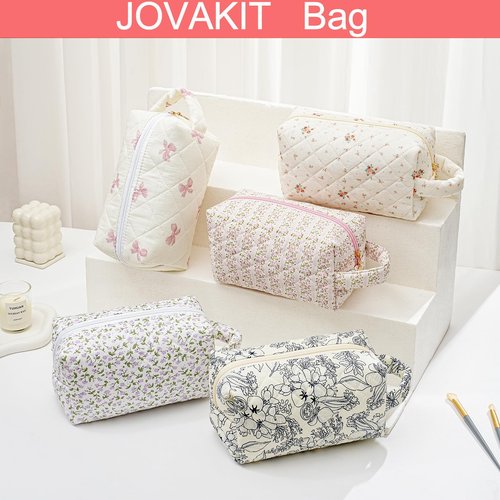 JOVAKIT Travel Makeup Bag Cosmetic Bag for Women, Christmas Gifts, Small Floral Flowers Coquette Toiletry Bag with Handle, Zipper Make Up Pouch Organizer Bag Trendy Stuff (Pink Floral)