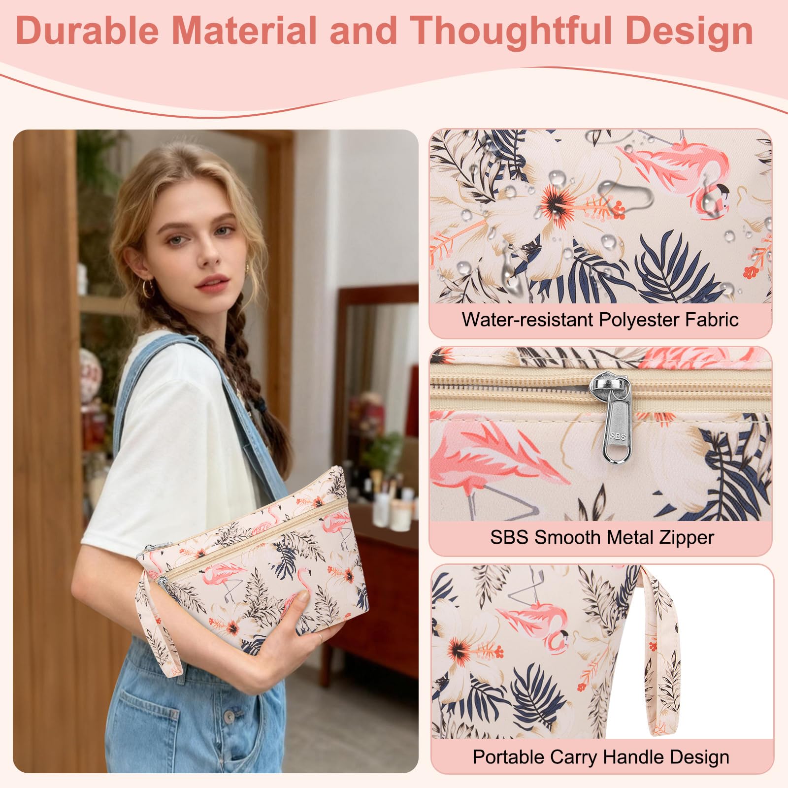 ZENTREON Makeup Bag for Purse Zipper Toiletry Travel Bag, Large Floral Cute Makeup Bag Tool Pouch Birthday Christmas Gifts for Women Girls Sister Friends, Make Up Bags with Dry-wet Compartment