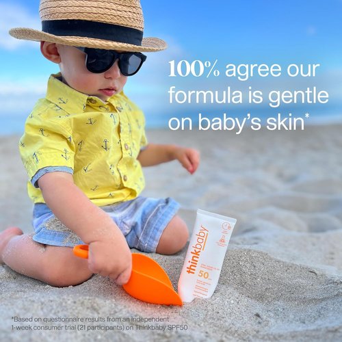 Thinkbaby SPF 50+ Baby Sunscreen - Natural Mineral Sun Cream, Water Resistant, Broad Spectrum UVA/UVB - 3 Oz.