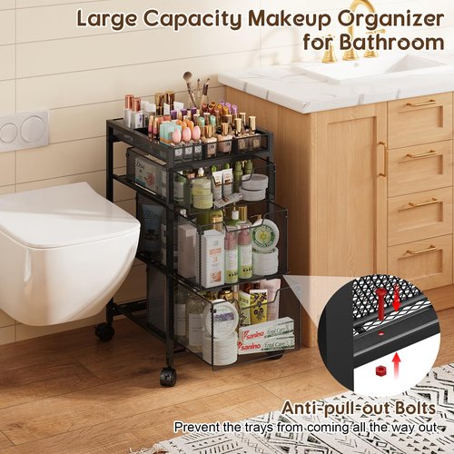 JKsmart Rolling Makeup Cart Organizer with 3 Drawers, Cosmetics Display with Dividers, Floor Skincare Storage with Wheels, Versatile Vanity Organizer for Nail Polish Perfume Brush Hair Tool, Black