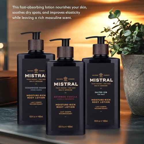 Mistral Bourbon Vanilla Body Lotion for Men - Fast-Absorbing Moisture-Rich Cream with Shea Oil & Squalane | Natural & Paraben-Free | 13.5 fl oz