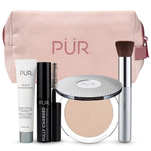 PÜR Minerals Multitasking Essentials Kit | Makeup Gift Set with Primer, Mascara, Powder & Brush