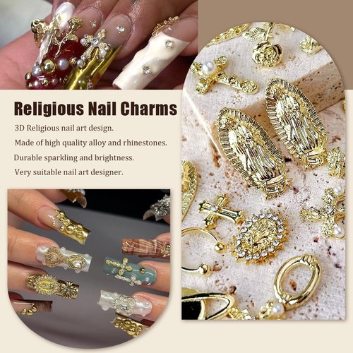 3D Cross Nail Charms,Gold Flat Back Nail Pearls Beads for Crafting,Cute Nail Charms Y2k Rhinestones Jewelry for Nail Art Flower Virgin Mary Religious Charms Gems Bulk Nail Chains (Gold)