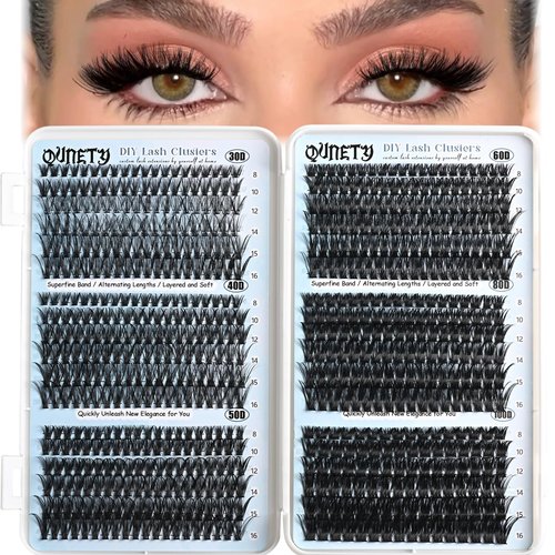 QUNETY Lash Clusters 720pcs Eyelash Clusters Mixed 30-100D Cluster Eyelash Extensions Wispy Individual Lashes Cluster Natural DIY Eyelashes C curl Volume False Mink Eye Lash Extension Trays