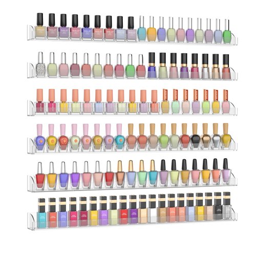 Hexsonhoma 24 Inch Clear Nail Polish Wall Rack with Removable End Caps Set of 6, Acrylic Nail Polish Organizer Wall Mounted,Nail Polish Sorage Shelves for 150 Bottles (24 Inch)