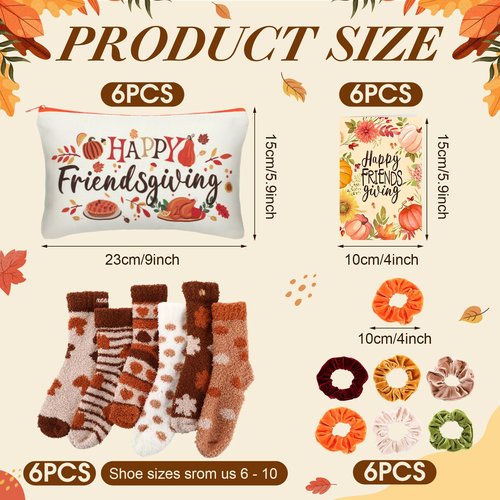 SilTriangle 6 Set Happy Friendsgiving Gift Includes Makeup Bag, Colorful Warm Fuzzy Crew Socks, Velvet Scrunchies and Happy Friendsgiving Card for Thanksgiving Fall Party Supplies Guest Friends Gift
