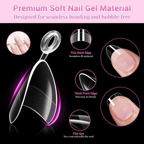 600PCS Extra Short Almond & Square Nail Tips Set, Short Almond Gel x Nail Tips, Half Cover Fake Nail Extensions, Clear Gel Nails Tips for DIY with 12 Sizes