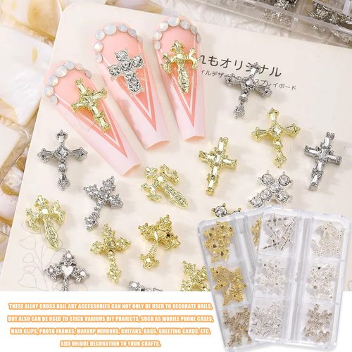 3D Cross Nail Charms for Nail Art, 60 Pcs Metal Crystal Cross Nail Decorations, Alloy Nail Studs and Rhinestones for Women Girl DIY Jewelry Crafts Supplies (Silver)