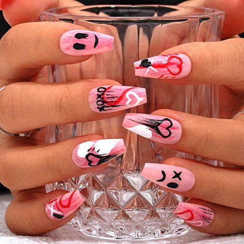 Sethexy Handmade Coffin Press on Nail Rhinestone False Nails Acrylic Stick On Fake Nail Tips for Women 10PCS with Glue (39-Emotion)