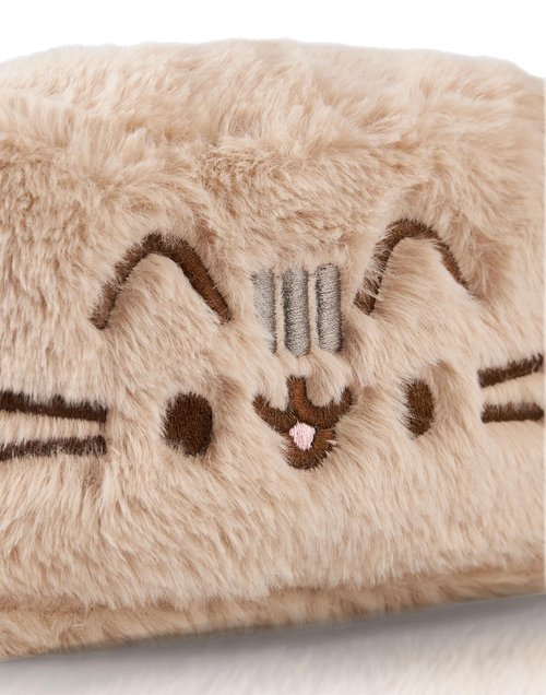 Pusheen Womens Fluffy Makeup Bag | Ladies All Over Fur with Embroidered Logo in Tan | Classic Logo Zip Cosmetic Storage Bag