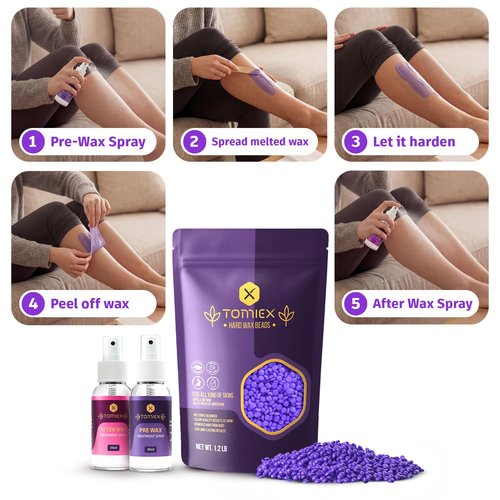 TOMIEX Wax Beads 19.2oz (1.2lb) – Hair Removal Kit with Pre & Post Wax Spray + 10 Spatulas – No Strip Needed – Gentle Formula for Sensitive Skin – For Face, Legs, Brazilian, Bikini & Body