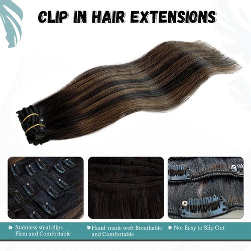 Clip in Hair Extensions, Omber Black to Chestnut Brown and Black 15inch 70g 7pcs Clip in Hair Extensions Real Human Hair Straight Remy Hair Clip in Hair Extensions