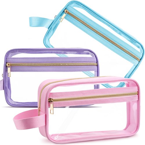 Pinkunn 3 Pcs Clear Makeup Bags Tsa Approved Toiletry Bag with Handles Cosmetic Bags with Zipper Small Clear Travel Toiletry Bag for Women Carry-on Travel Essentials(Blue, Purple, Pink)