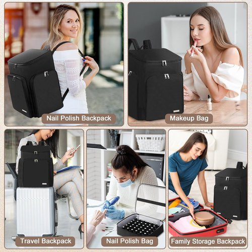 DERSTUEWE Professional Nail Polish Organizer Backpack, Black Storage Case with Multiple Compartments, Portable Travel Carrying Bag for Nail Art Supplies