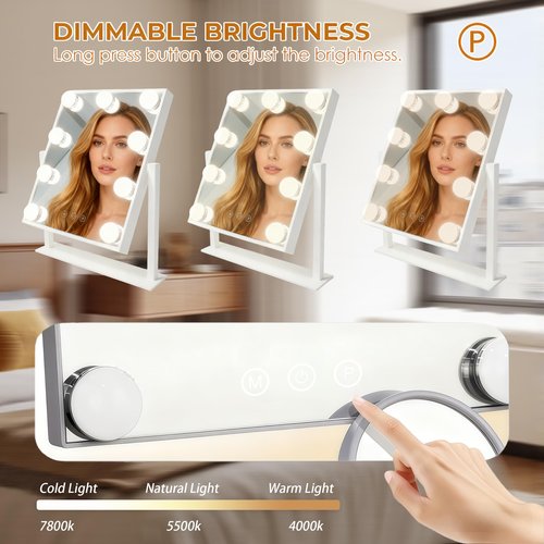Honwang Lighted Vanity Mirror with 9 LED Lights, Detachable 10x Magnifying Mirror, 3-Color dimmable Hollywood Makeup Mirror, Smart Touch Control, Metal Frame, 360-degree Rotation, White/Black (White)