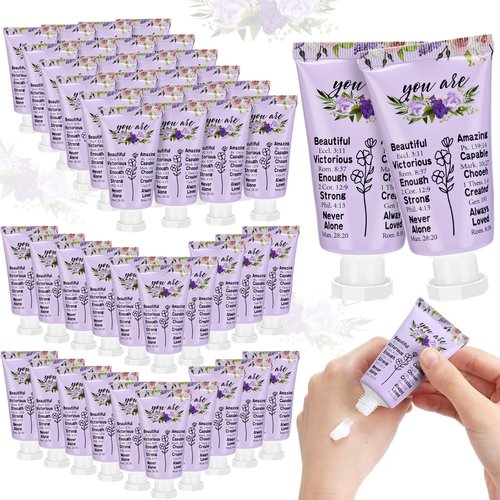Heigble 50 Pack Christian Hand Lotion Bulk Gifts for Women Mother's Day Gifts Bible Mini Travel Hand Lotion for Women Church Appreciation(Purple Flower)