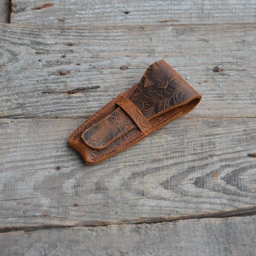 JJNUSA Old Fashioned Sleeve Travel Pouch Leather Safety Razor Case, Double Edge Razor 4.5", Shaving Accessories, Personal Care Essentials, Men's Shaving Razor Flower brown