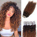 Curly Tape in Human Hair Extensions Ombre Brown to Medium Auburn Jerry Curly Hair Extensions Tape ins Extensions 18 Inch Double Sided Glue in Remy Hair 20pcs 50g for Women