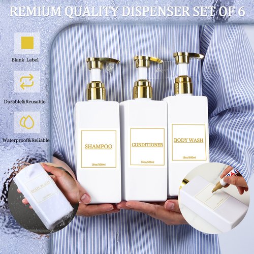 Gejoy 12 Pack White Shampoo and Conditioner Dispenser Bottles, 17 Oz/ 500ml Empty Refillable Pump Bottles with Labels and Marker Pen, Square Plastic Pump Dispenser Bottle for Bathroom Body Wash Shower