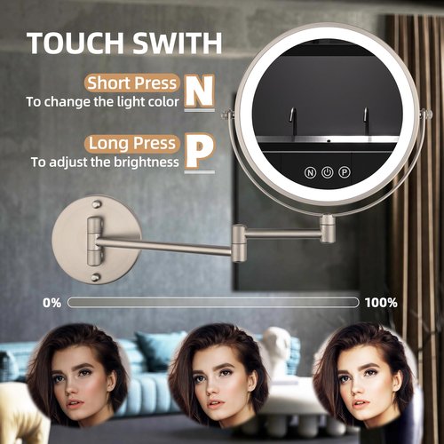 SLIMOON 9" Wall Mounted Lighted Makeup Mirror with Magnification, 1X/10X Magnifying Mirror with Light, 3 Color LED 2000mAh Rechargeable Light Up Magnifying Nickel Extendable
