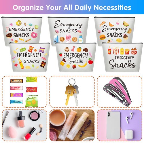Reginary 12 Pcs Emergency Snack Bags Bulk Food Makeup Bag Foodie Zipper Cosmetic Pouch Reusable Emergency Snack Pouch for Women Girls Trip Gifts Favors School Work Travel Organizer